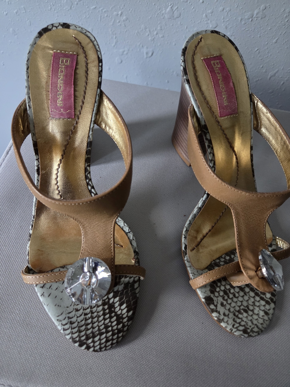 Bandolino Tan Snake-Print Slide Heels with Clear Gem Accent